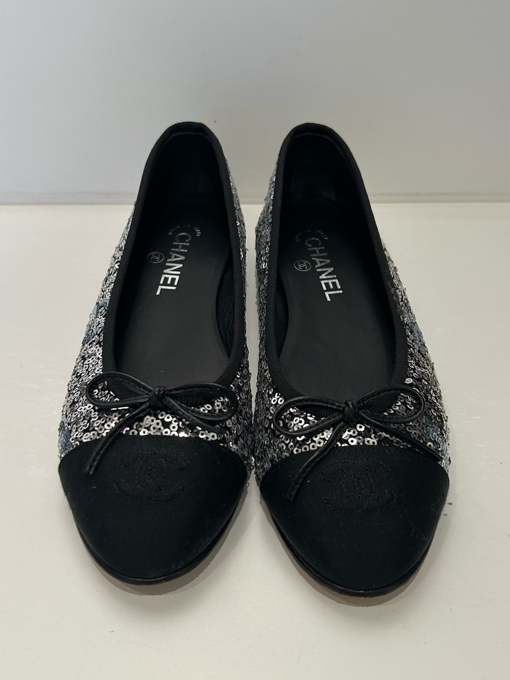 CHANEL Black and Silver Sequin Bow Ballet Flats